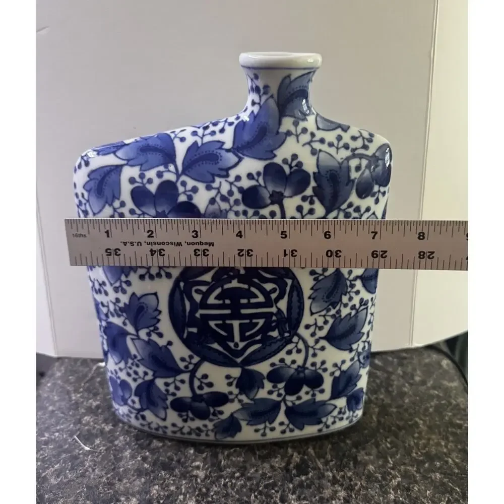 Vintage Blue White Floral Porcelain Flat Vase Asian Chinoiserie Decor- Unique